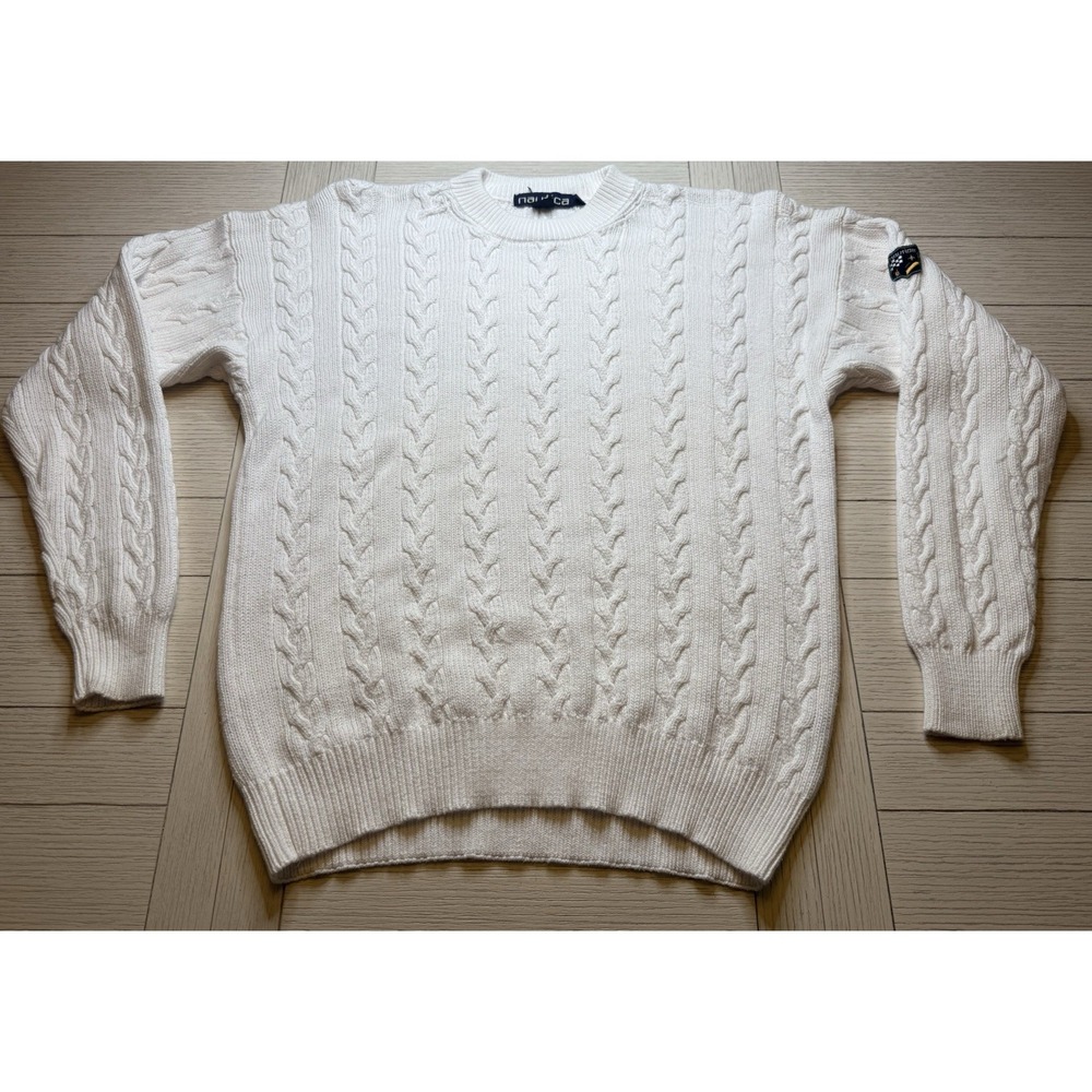 Nautica Mens White Ivory Tight-Knit Preppy Sweater Cable‎ Knit 100% Cotton Sz L